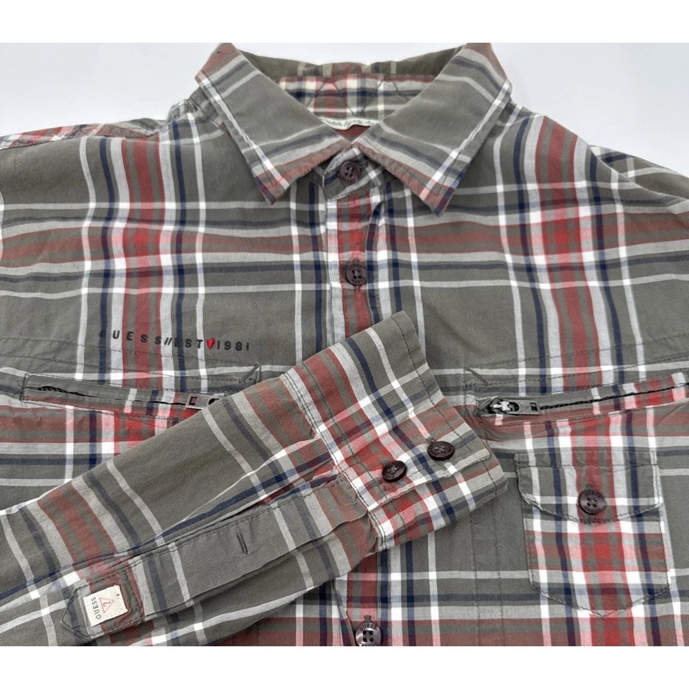 GUESS Button Up Shirt Mens L Gray Plaid Long Sleeve Zipper‎ Pockets